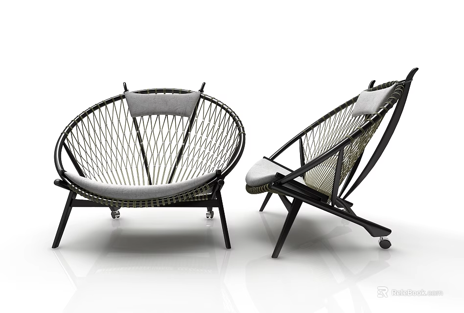 Two Modern Leisure Chairs With Black Frame Woven Structure And Gray Cushions 3d model