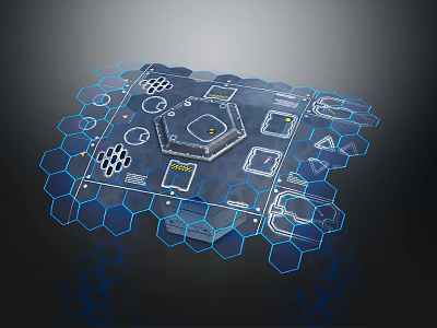 Futuristic Tech Interface With Blue Hexagonal Grid And Geometric Symbols 3d model