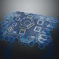 Futuristic Tech Interface With Blue Hexagonal Grid And Geometric Symbols 3d model