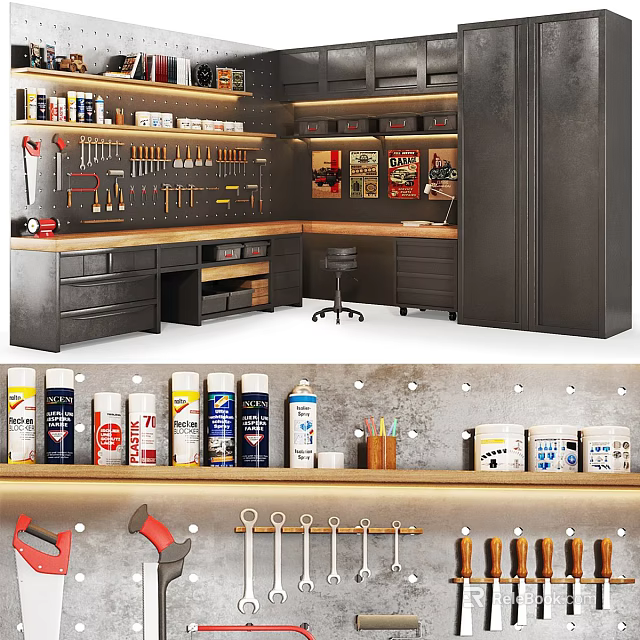 Organized Hardware Tools Workbench With Tool Rack Storage Cabinets And Spray Cans 3d model 