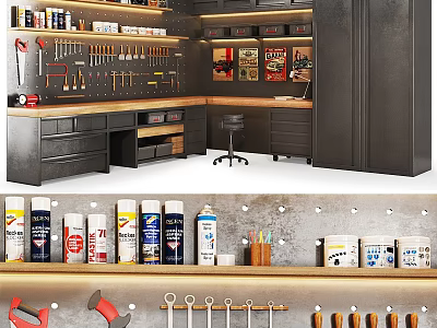 Organized Hardware Tools Workbench With Tool Rack Storage Cabinets And Spray Cans 3d model