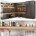 Organized Hardware Tools Workbench With Tool Rack Storage Cabinets And Spray Cans