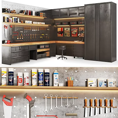 Organized Hardware Tools Workbench With Tool Rack Storage Cabinets And Spray Cans 3d model