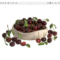 Fresh Ripe Cherries in Ceramic Bowl with Green Leaves and Scattered Berries