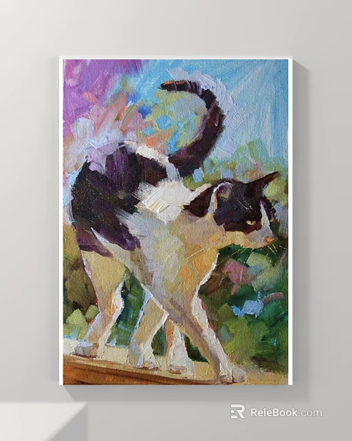 Colorful Cat Oil Painting With Walking Pose And Vibrant Natural Background 3d model 