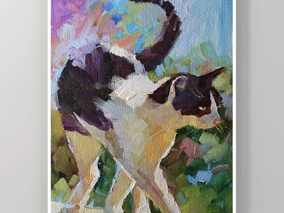 Colorful Cat Oil Painting With Walking Pose And Vibrant Natural Background 3d model