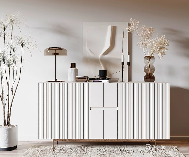Modern White Striped Console Cabinet with Minimalist Decor Lamp and Vase in Living Room 3d model 