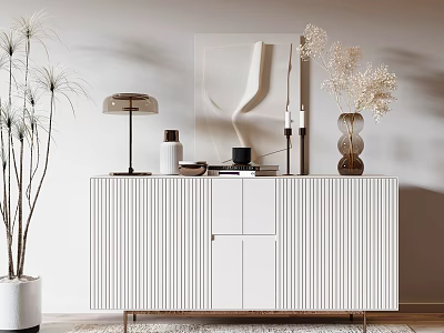 Modern White Striped Console Cabinet with Minimalist Decor Lamp and Vase in Living Room 3d model