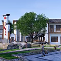Traditional Chinese Architecture Area With White Walls Black Tiles Trees And People Walking