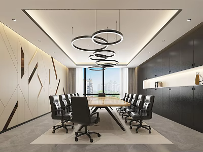 Modern Conference Room Interior With Long Wooden Table Black Chairs Circular Pendant Lights And Geometric Decor 3d model