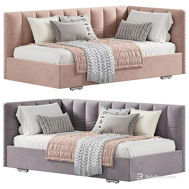 Pastel Pink And Gray Kids Bed With Upholstered Headboard Multiple Pillows Patterned Blanket And Storage 3d model 
