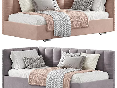 Pastel Pink And Gray Kids Bed With Upholstered Headboard Multiple Pillows Patterned Blanket And Storage 3d model