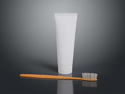 White Tube Container With Bamboo Toothbrush On Dark Reflective Surface 3d model