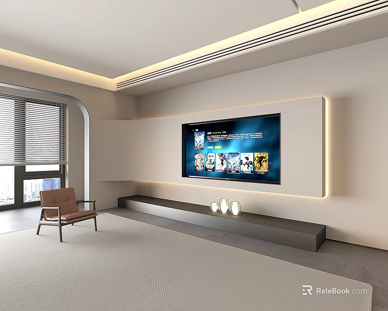 Modern Living Room TV Cabinet Design With Wall Mounted TV And Ambient Lighting 3d model 