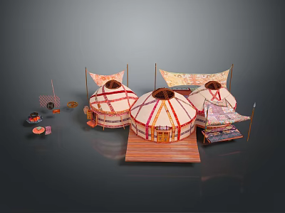 Traditional Yurt Scenery Featuring Wooden Platform And Colorful Cultural Decorations 3d model