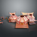 Traditional Yurt Scenery Featuring Wooden Platform And Colorful Cultural Decorations