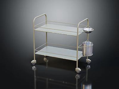 Sturdy Metal Utility Cart With Two Shelves Wheels And Small Bucket 3d model