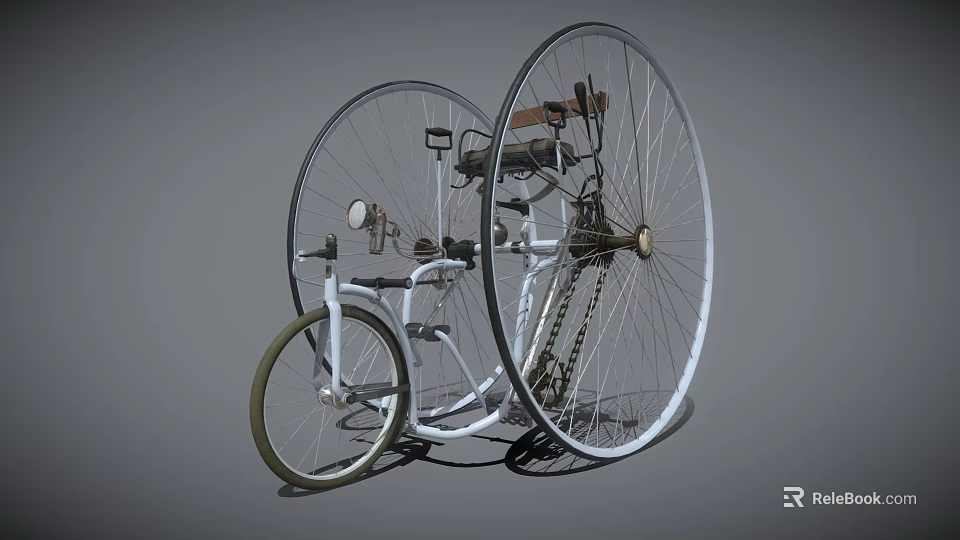 Vintage Tricycle Design Featuring Large Wheels Small Front Wheel Seat Chain And Headlight 3d model 