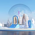 Christmas Photo Check In Spot with Giant Snow Globe Blue Steps and Decorated Christmas Trees