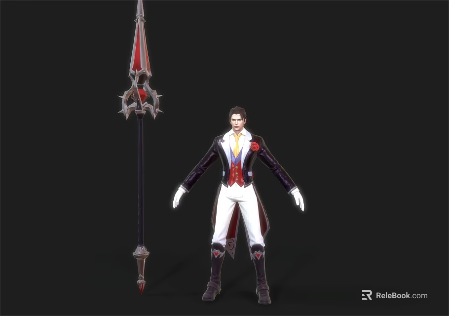 Man In Elegant Black Coat White Pants With Red Accents And Ornate Spear 3d model 