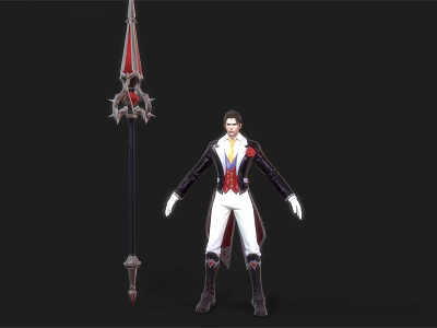 Man In Elegant Black Coat White Pants With Red Accents And Ornate Spear 3d model