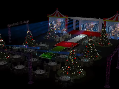 Christmas Themed Event Venue With Decorated Trees Red Carpet Tent Stage And Dining Tables 3d model