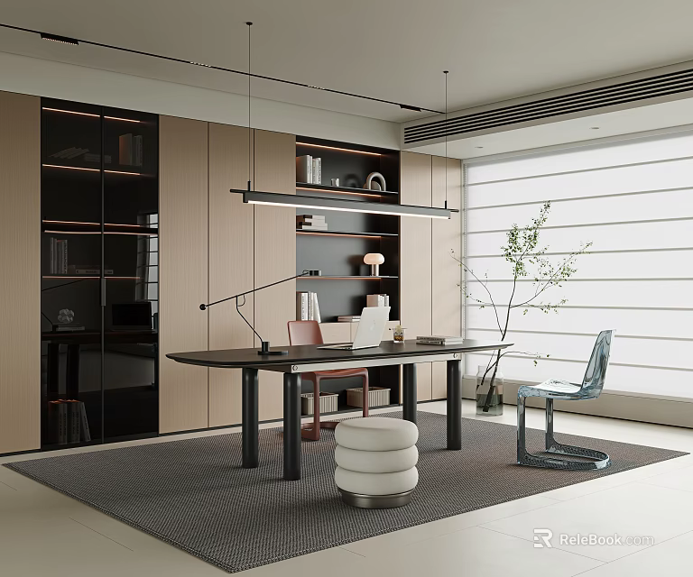 Modern Minimalist Study Room Interior With Wooden Desk Ergonomic Chair Built-in Bookshelf And Indoor Plant 3d model 