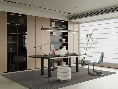 Modern Minimalist Study Room Interior With Wooden Desk Ergonomic Chair Built-in Bookshelf And Indoor Plant 3d model