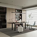 Modern Minimalist Study Room Interior With Wooden Desk Ergonomic Chair Built-in Bookshelf And Indoor Plant