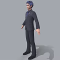 3D Model Man Wearing Suit with Blue Hair and Purple Tie Standing Against Gray Background
