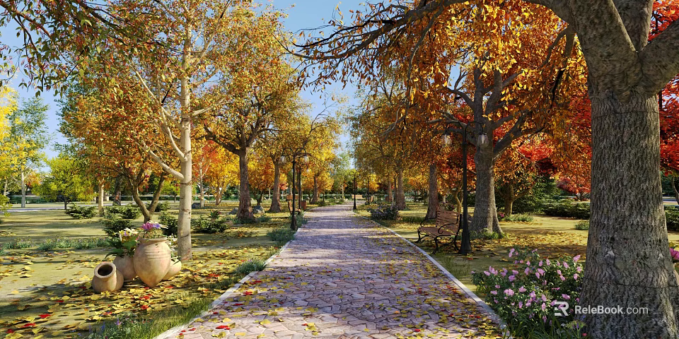 Scenic Autumn Park Landscape With Tree-lined Pathway Fallen Leaves Bench And Colorful Flowers 3d model 