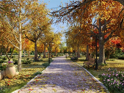 Scenic Autumn Park Landscape With Tree-lined Pathway Fallen Leaves Bench And Colorful Flowers 3d model