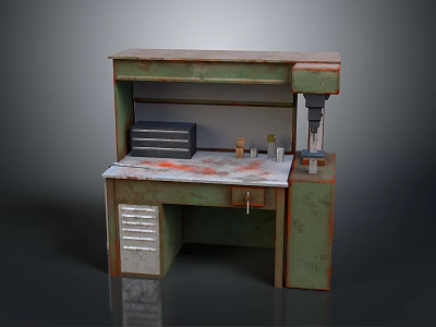 Vintage Workbench Furniture With Green Beige Finish Drawers Cabinet Countertop And Drill Press On Top 3d model