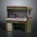 Vintage Workbench Furniture With Green Beige Finish Drawers Cabinet Countertop And Drill Press On Top