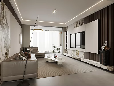 Modern Living Room Interior With Beige Sofa TV Wall Marble Accents And Lighting 3d model