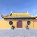 Ancient Chinese Architectural Structure With Golden Yellow Roof And Upturned Eaves In Water Pond Courtyard