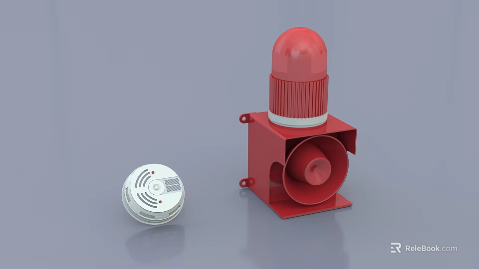 Fire Safety Equipment Including Red Alarm Beacon Siren And White Smoke Detector 3d model 