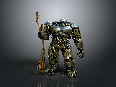 Armored Metallic Robot Holding Trident Weapon With Mechanical Design Details 3d model