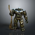 Armored Metallic Robot Holding Trident Weapon With Mechanical Design Details