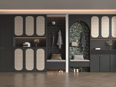 Modern Shoe Cabinet with Lattice Doors Clothing Rack Bench and Wooden Flooring in Hallway Interior 3d model