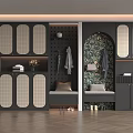Modern Shoe Cabinet with Lattice Doors Clothing Rack Bench and Wooden Flooring in Hallway Interior