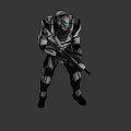 Futuristic Sci Fi Weapon With Blue Glowing Parts Held by Silver Black Armored Warrior