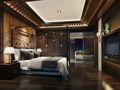 Chinese Style Hotel Guest Room Featuring Four Poster Bed Carved Wooden Details Table Lamp 3d model