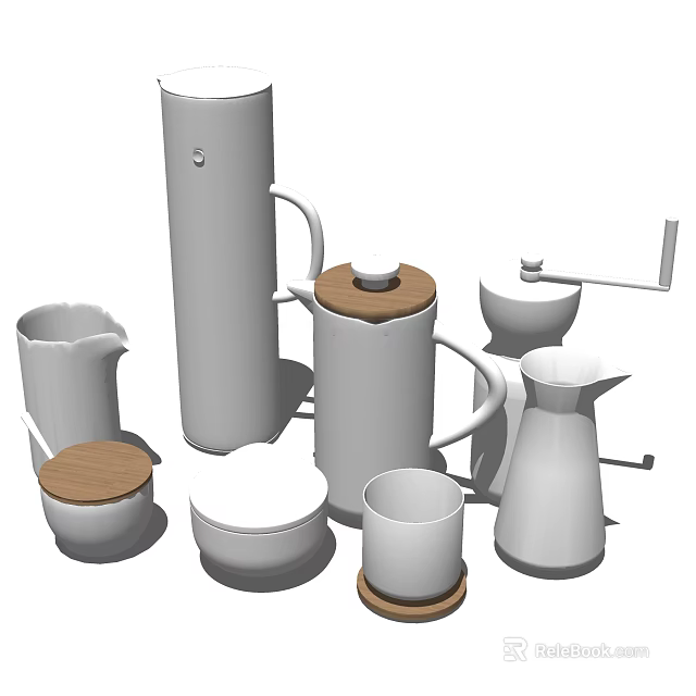 Minimalist White Kitchen Utensils Collection With Kettle Mug Bowl And Grinder 3d model 