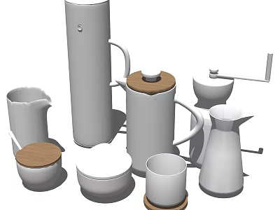Minimalist White Kitchen Utensils Collection With Kettle Mug Bowl And Grinder 3d model