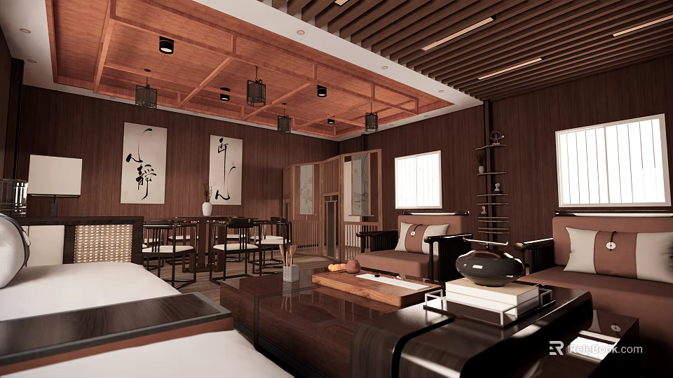 Chinese Style Private Room With Wooden Ceiling Calligraphy Paintings And Traditional Furniture 3d model 