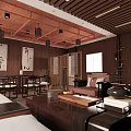Chinese Style Private Room With Wooden Ceiling Calligraphy Paintings And Traditional Furniture