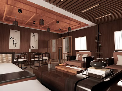 Chinese Style Private Room With Wooden Ceiling Calligraphy Paintings And Traditional Furniture 3d model