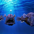 Three Anglerfish In Blue Underwater Environment With Glowing Lures And Sharp Teeth