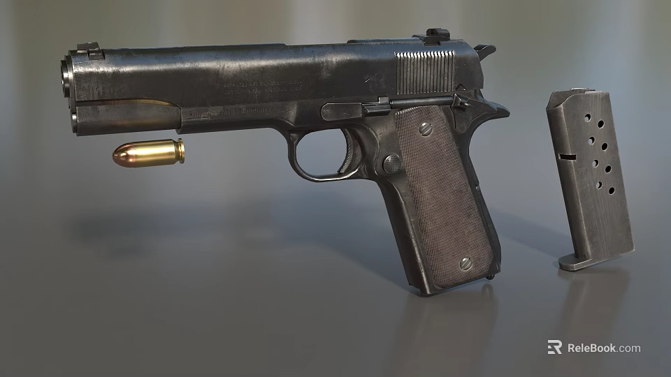 Black Classic Pistol with Wooden Grip Metal Frame Bullet and Magazine 3d model 